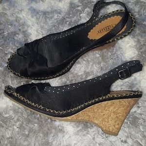 Anthropologie Seychelles satin cork heels